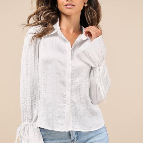 Lulus Tops - Lulus Enhanced Charm Ivory Plisse Crinkled Tie-cuff Button-up Top White